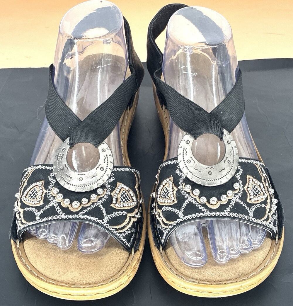 Reiker Antistress EU 40 US 9-9.5 Blk Embrdrd Slingback Comfort Sandals Boho